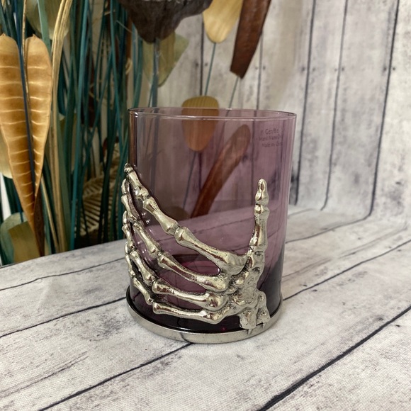 HALLOWEEN SKELETON HAND COCKTAIL GLASS - PURPLE GLASS WITH SLIVER METAL HAND! - Picture 2 of 6